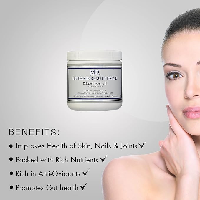MD Ultimate Beauty Drink Powder CollagenType I &amp III | Collagen Dietary Supplement with Antioxidants | Provides Nutritional Support to Skin Hair Nails Joints | 150 Grams