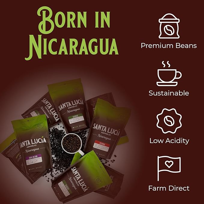 Santa Lucia Coffee - Specialty Nicaraguan Coffee Sampler Pack - Light Medium &amp Dark Roast - Low Acid 91 Point SHG Small Batch Roasted 100% Single-Origin Ground Coffee 3 Bags (12oz Each)