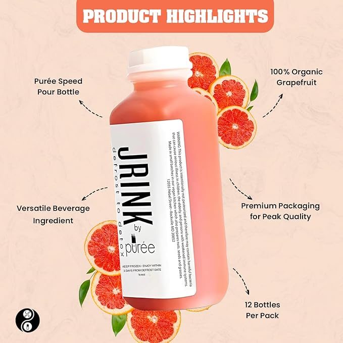 JRINK by Purée Organic Grapefruit Juice Cold Pressed Raw Fruit Cleanse Healthy Detox with No Preservatives Organic Juice Cleanse in HDPE Bottles Grape Citrus Beverage 16oz Pack of 12