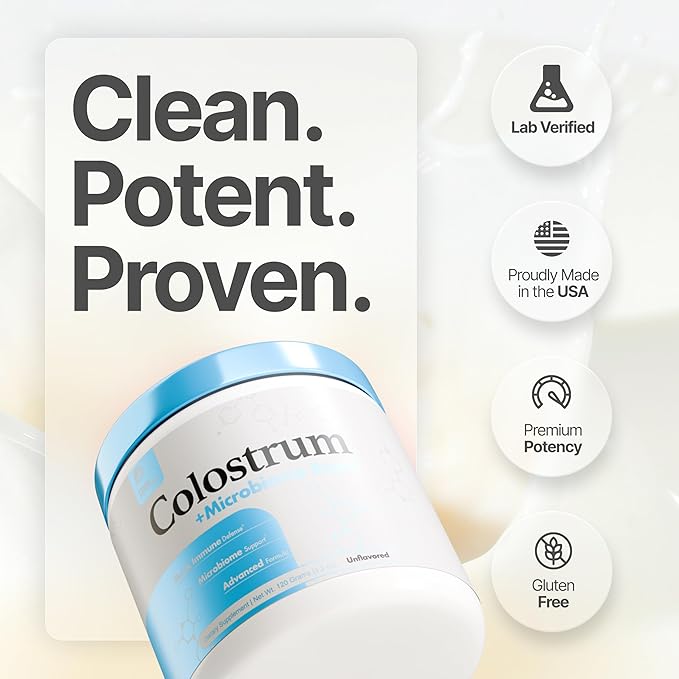 Colostrum Powder | Grass-Fed Bovine Colostrum with Akkermansia Probiotic 1B AFU | Microbiome &amp Gut Support | High IgG Advanced Formula | 120 Servings
