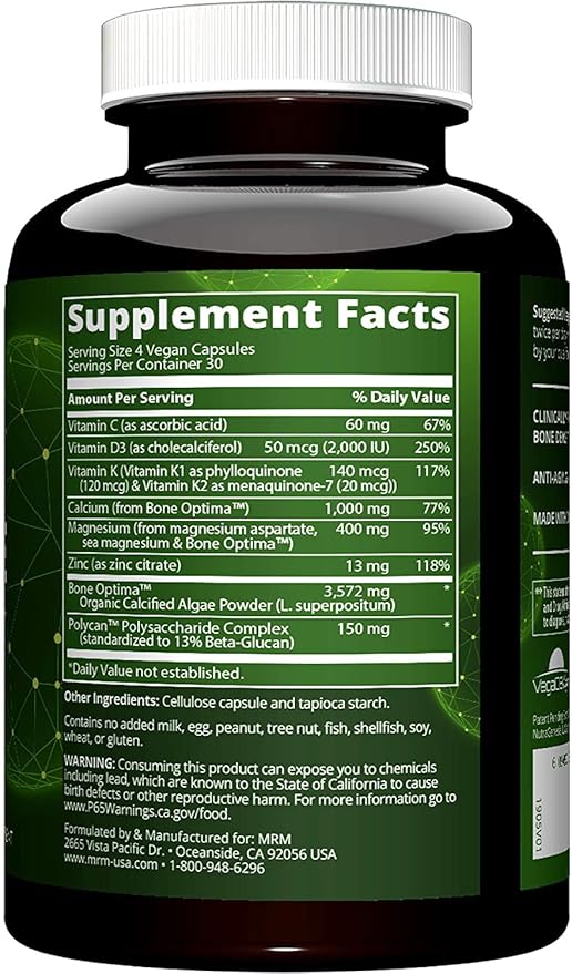 MRM Nutrition Vegan Bone Maximizer | Bone Strength + Density | Organic Certified Algae | with Vitamin K2 + D3 | Clinically Proven | Anti-Aging Nutrition | Gluten-Free | 30 Servings