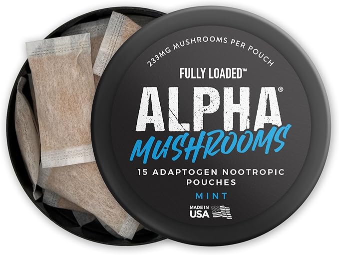 Fully Loaded Alpha Mushrooms - Adaptogen Nootropic Pouches (5-Pack Mint) - - Lion's Mane Cordyceps &amp Chaga - 5 cans 15 Pouches per can - Functional Mushrooms - Made in The USA