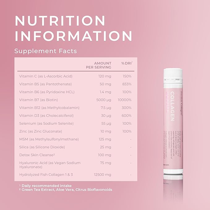 Swedish Collagen Deluxe | 12500 mg Hydrolyzed Marine Collagen Liquid Supplement - 30 x 25 ml Daily Shots | Hyaluronic Acid Biotin and Vitamin C for Healthy Hair Skin Nails and Joints | Sugar-Free
