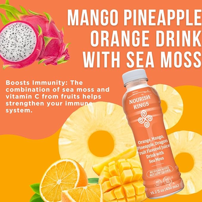 Nourish Kings- Sea Moss drink with Dragon Fruit Mango Pineapple and Orange Juice No Added Sugars or Preservatives 12 pack of 15.2 Fl oz Bottles