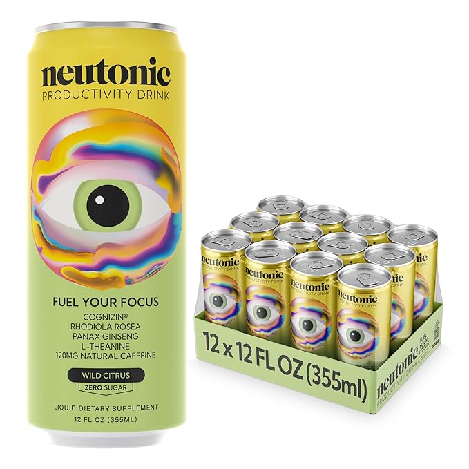 neutonic Nootropic Productivity Energy Drink &amp Focus Blend Powder Bundle | 12 Cans Wild Citrus &amp 16 Sticks Wild Berry | Zero Sugar | Support Memory Mental Clarity Cognitive Function