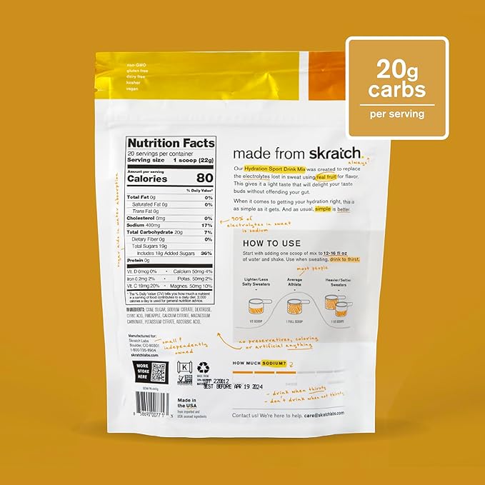 Skratch Labs Hydration Sports Drink Mix – Real‑Fruit Electrolyte Powder for Fast Hydration &amp Endurance | Pineapple | 20 Servings | Vegan Non‑GMO Clean Ingredients