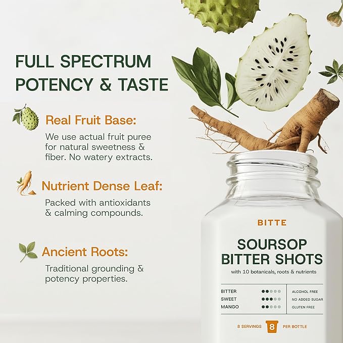 BITTE Immune + Energy Soursop Shots – 3 Pack Ready to Drink Mango Soursop with Zinc Ginseng Guarana &amp Turmeric – Functional Shot Brand for Supplement &amp Juice Lovers – 48 fl oz Total (24 Serv