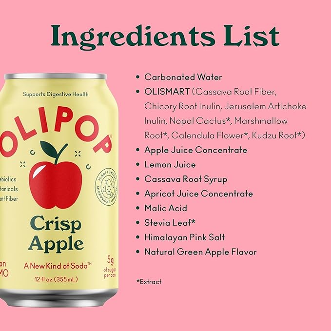 OLIPOP Prebiotic Soda Pop Crisp Apple A New Kind of Soda Packed with Prebiotics Fiber and Botanicals Gluten Free GMO Free 12oz (12-Cans)