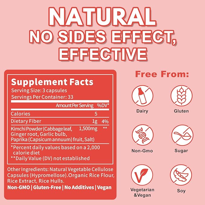 QUBIT Kimchi Capsules Kimchi Supplement Supports Gut Digestive &amp Fullness Taste Well One Capsule of Fermented Superfood for Antioxidant Support 90 Vegan Capsules Pills