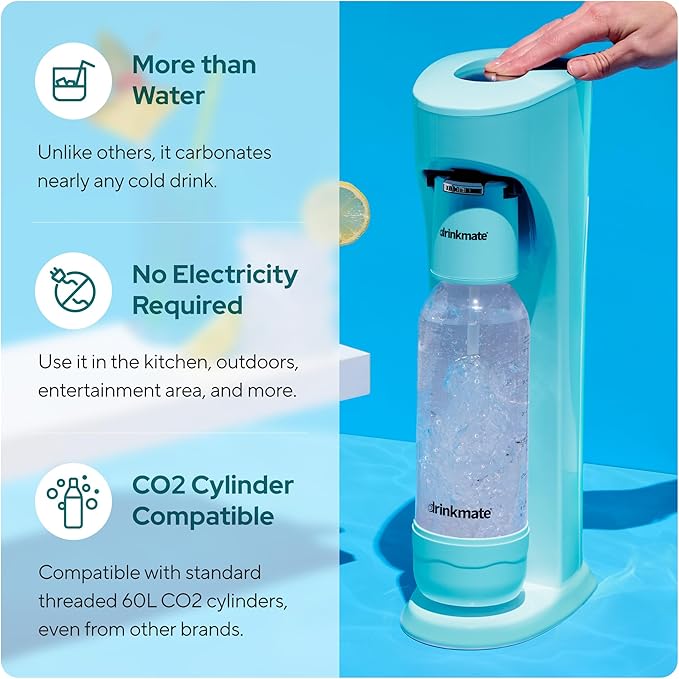 Drinkmate OmniFizz Sparkling Water and Soda Maker Carbonates Any Drink ULTIMATE BUNDLE - Includes three 60L CO2 Cylinders Two Carbonation Bottles and Fizz Infuser (Arctic Blue)