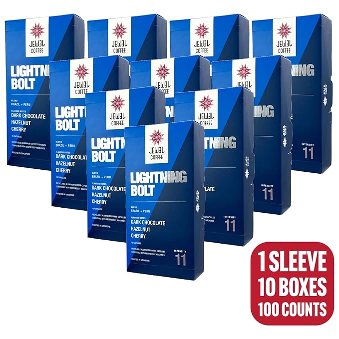 Jewel Coffee Specialty Coffee Pods - Lightning Bolt Blend 100% Arabica Coffee Intensity 11 Dark Roast Compatible with Original Nespresso Machines 100 Count (10 Boxes of 10 Espresso Pods)