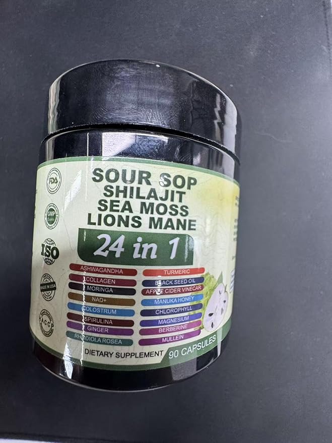 Soursop Capsules - 24 in 1 Graviola Soursop Capsules with Shilajit Sea Moss Lions Mane Turmeric Ashwagandha Vegan Ginger &amp Manuka Honey and More Non-GMO 90capsules