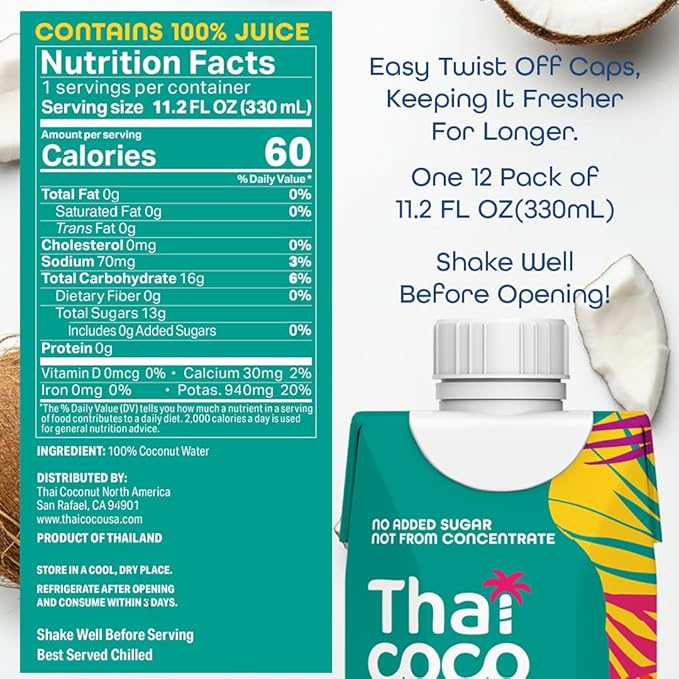 Thai Coco Organic Coconut Water 100% Pure &amp Unsweetened No Sugar Added USDA Organic Natural Electrolytes Hydration Drink 11.2 fl oz Tetra Carton (Pack of 12)