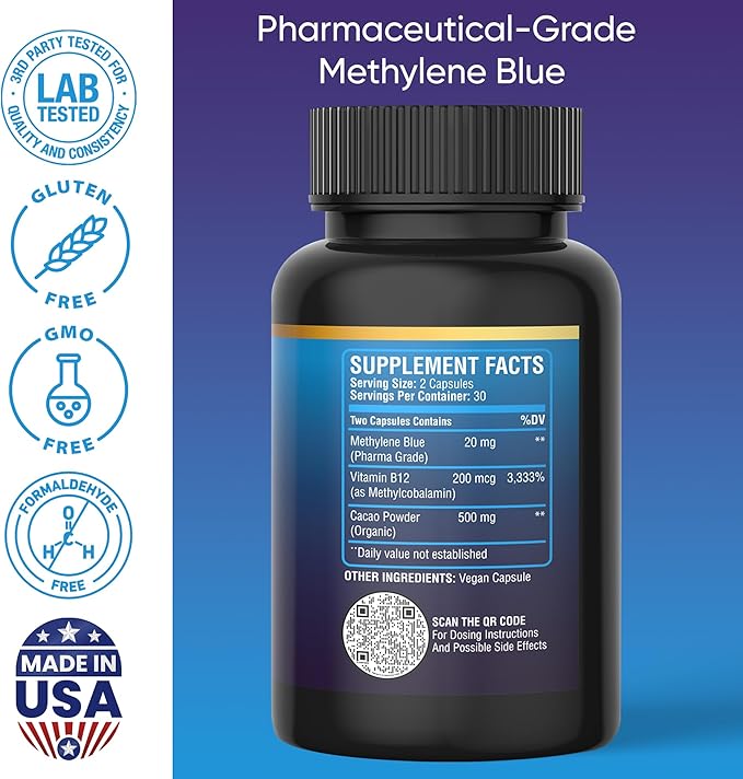 Methylene Blue Capsules 60 Count - Pharmaceutical Grade USP for Brain Energy and Cellular Health - Mental Clarity Support Supplement