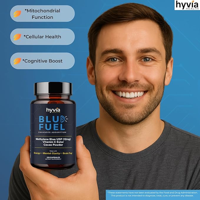 Methylene Blue Capsules - USP Pharmaceutical Grade Supplement For Humans - 120ct w/ Added Vitamin C For Enhanced Absorption - Helps Support Cognitive Energy Brain Fog &amp Mental Clarity | Made In