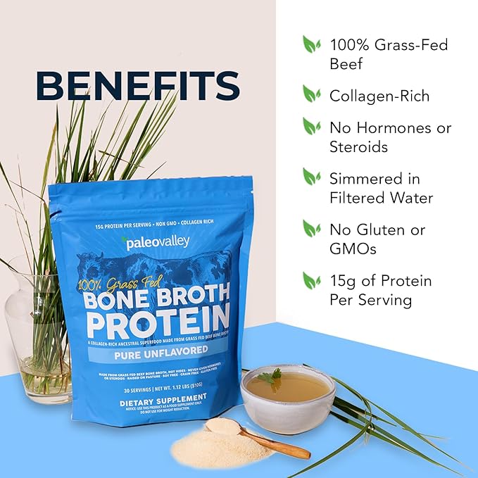 Paleovalley 100% Grass Fed Beef Bone Broth Protein Powder - Rich in Collagen Peptides for Hair Skin Gut Health Bone and Joint Support - 15g Protein Per Serving - No Gluten or GMOs