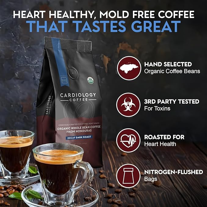 Cardiology Coffee – Dark Roast Decaf Coffee Beans – USDA Certified Organic Mold Free 12oz Premium Whole Bean Coffee – Decaf Barista-Style Beans with Swiss Water Decaf and Antioxidant Benefits