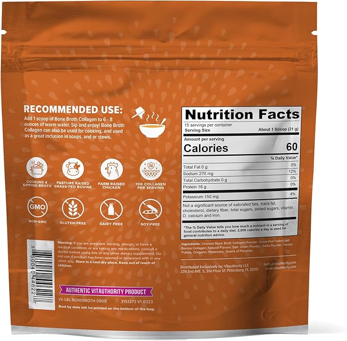 Vitauthority Multi Collagen Burn Capsules: Hydrolyzed Protein Peptides with Hyaluronic Acid and Bone Broth Collagen Delicious Chicken Noodle Flavored - Packed with 16g of Protein