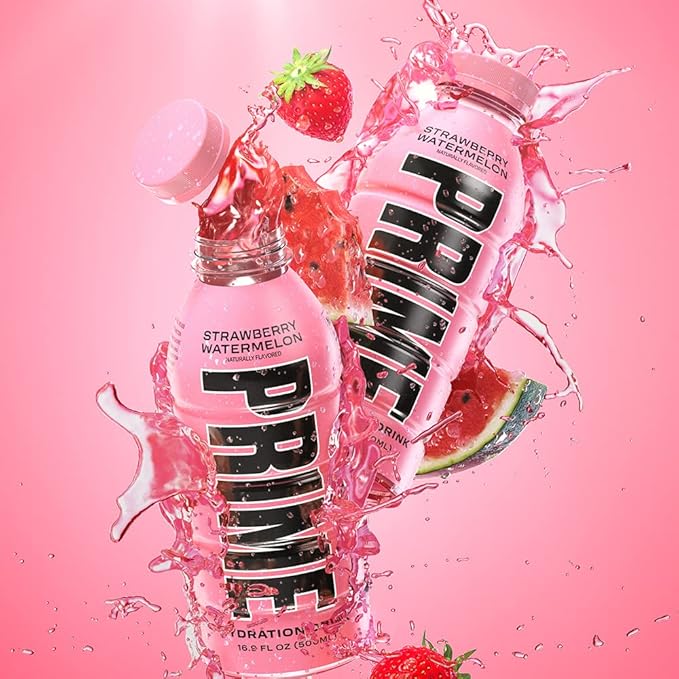 PRIME Hydration STRAWBERRY WATERMELON Sports Drinks Electrolyte Enhanced for Replsnishing Fluids 250mg BCAAs B Vitamins Antioxidants Low Sugar 16.9 Fl Oz 12 Pack