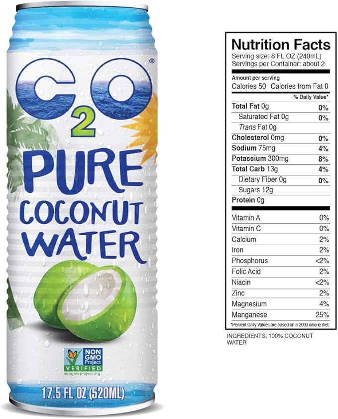 C2O Pure Coconut Water | Plant Based | Non-GMO | No Added Sugar | Essential Electrolytes | 17.5 FL OZ (Pack of 12)