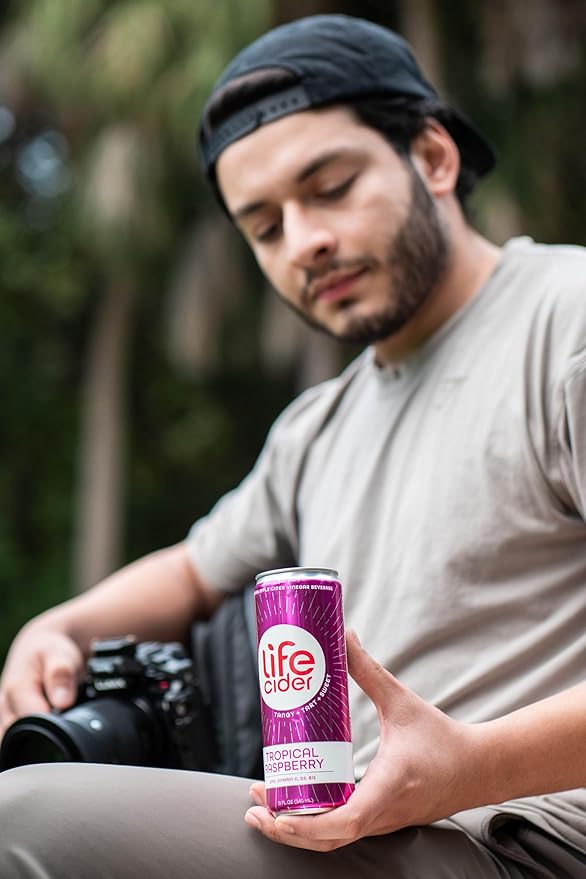 Life Cider | 12 Pack (12 Fl Oz) | Tropical Raspberry | Sparkling Apple Cider Vinegar Beverage | Digestive Health &amp Immunity Benefits | Low Calorie &amp Low Carb Drinks | Vitamins C D3 Zinc B12