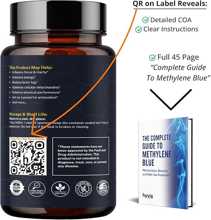 Methylene Blue Capsules - USP Pharmaceutical Grade Supplement For Humans - 120ct w/ Added Vitamin C For Enhanced Absorption - Helps Support Cognitive Energy Brain Fog &amp Mental Clarity | Made In