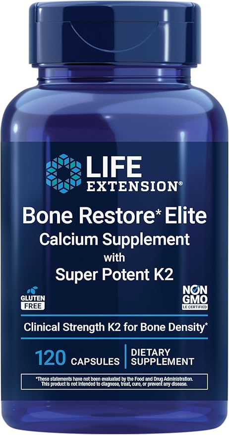 Life Extension Bone Restore Elite Calcium Supplement with Super Potent K2 Calcium Vitamin D3 Magnesium Boron zinc Vitamin K2 for Bone Health Gluten-Free Non-GMO 120 Capsules