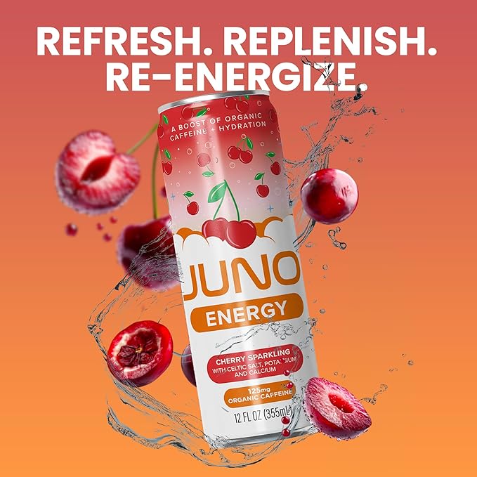 JUNO ENERGY Organic Cherry Sparkling Energy Drink - Sugar Free Energizing and Hydrating with 125mg Organic Caffeine from Green Coffee Beans Stevia Organic Sour and Black Cherry Juice &amp Electrol