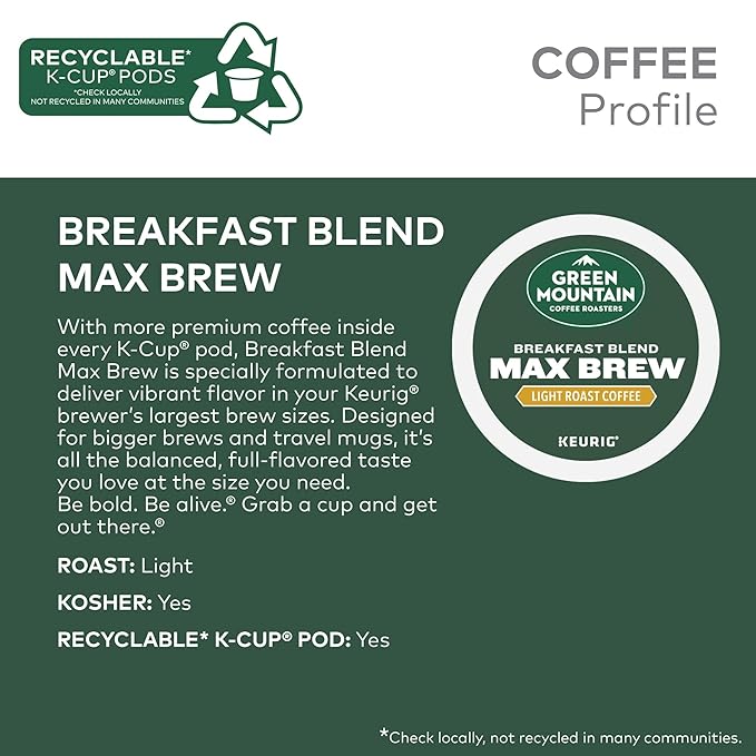Green Mountain Coffee Roasters Breakfast Blend Max Brew Single Serve Keurig K-Cup Pods Light Roast Coffee 60-Count Box (6 Packs of 10)