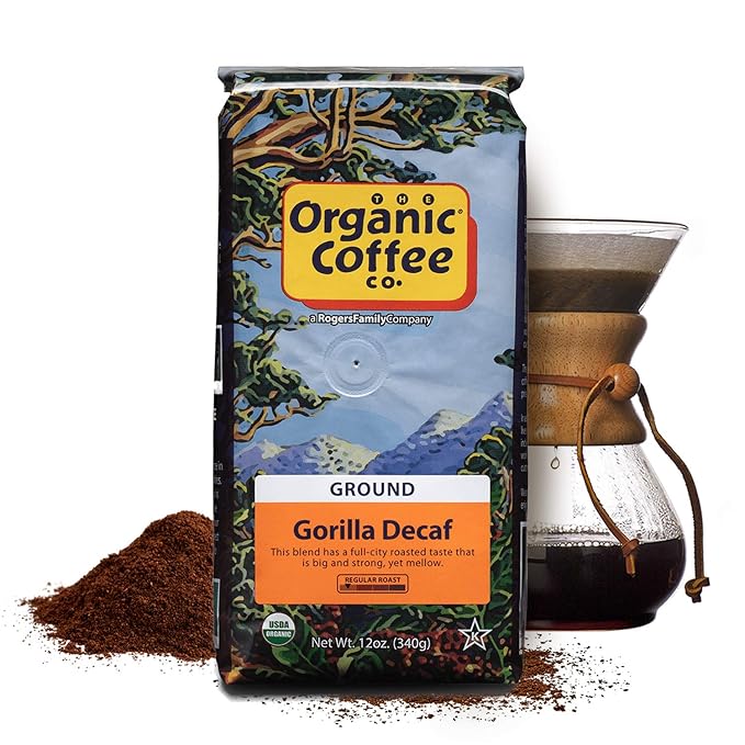 Organic Coffee Co. Gorilla Decaf Ground Coffee 12 Ounce Medium Light Roast Natural Water Processed Decaffeinated USDA Organic (Pack of 2)