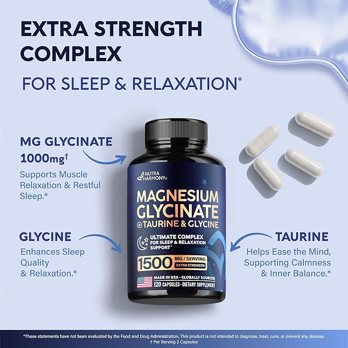 Magnesium Glycinate - Sleep &amp Relaxation Support - Extra Strength Glycinate Glycine &amp Taurine 1500 mg - Magnesium Supplement for Women &amp Men - Chelated &amp High Absorption - Made in USA
