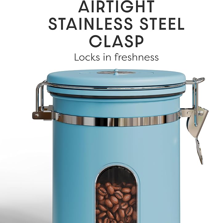 Veken Coffee Canister with Window Easter Gifts Airtight Stainless Steel Container with Lids Home Kitchen Food Storage Jars for Grounds Beans Tea Flour Cereal Sugar Basket Scoop 22OZ Blue