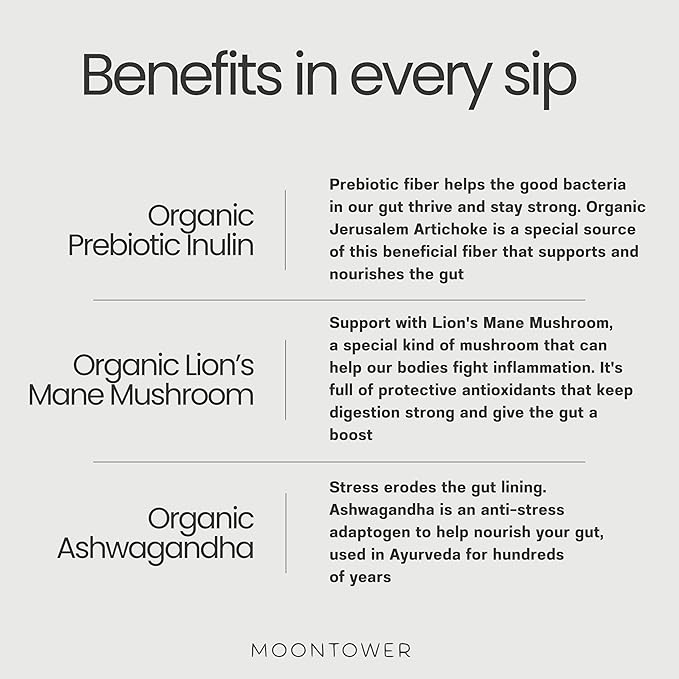 Gut Health Mushroom Coffee with Lion's Mane Prebiotic Fiber &amp Ashwagandha - Gut Health Blend for Focus &amp Stress Support - Natural Mushrooms Powder Mix for Digestive Wellness by Moontower