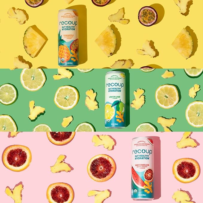 Recoup Organic Sparkling Prebiotic Drink - Ginger with Electrolytes for Gut Health Support &amp Hydration No Added Sugar ((Pack of 12) Pineapple Passion Fruit + Ginger)