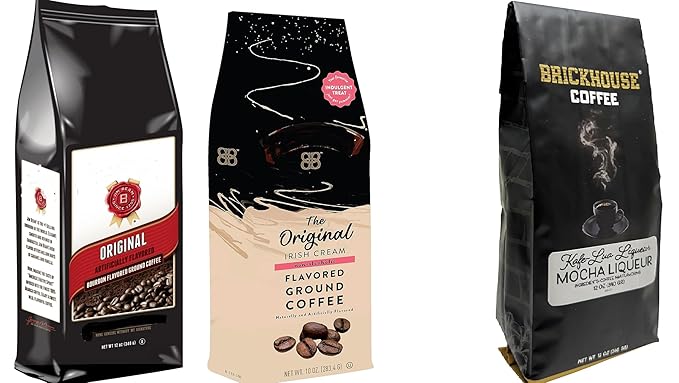 Liquor Lovers Ground Coffee Bundle - Brickhouse Kafe Lua Mocha Liqueur 12oz - Original Irish Cream Flavor 10oz - Original Bourbon Roast 12oz - Flavored Ground Coffee Gift Set