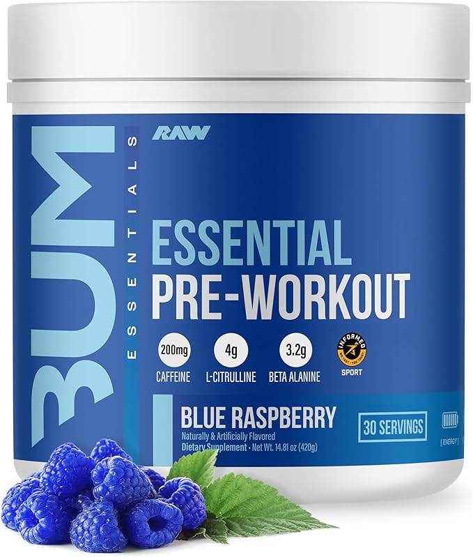 RAW Nutrition - Essential Pre - Chris Bumstead Pre Workout Formula Sports Nutrition Pre-Workout Powders | Men &amp Womens Drink Energy Powder for Working Out (Blue Raspberry)