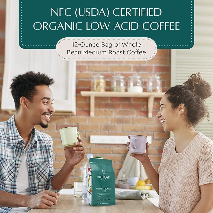 Lifeboost Organic Coffee Beans Medium Roast - Low Acid Single Origin Non-GMO Organic Whole Bean Coffee - Third Party Tested For Mycotoxins &amp Pesticides - 12 Ounces