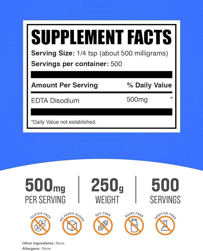 BulkSupplements.com Disodium EDTA Powder - EDTA Disodium Salt Food Additive - Food Grade Pure &amp Gluten Free 500mg per Serving 250g (8.8 oz) (Pack of 1)