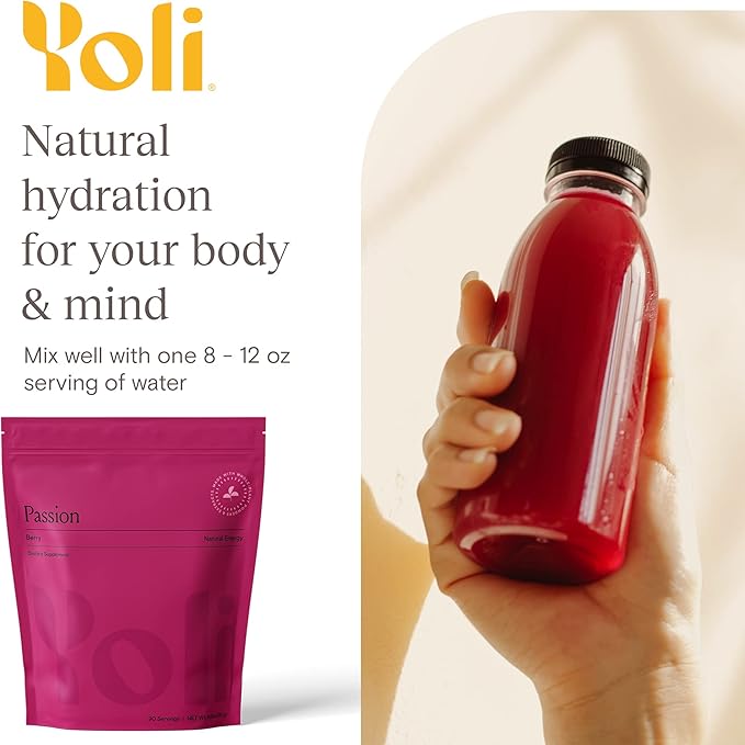 Yoli® Passion Energy Drink Powder Mix - Natural Energy Drink Mix for Endurance and Stamina Bulk 90 Servings - Berry
