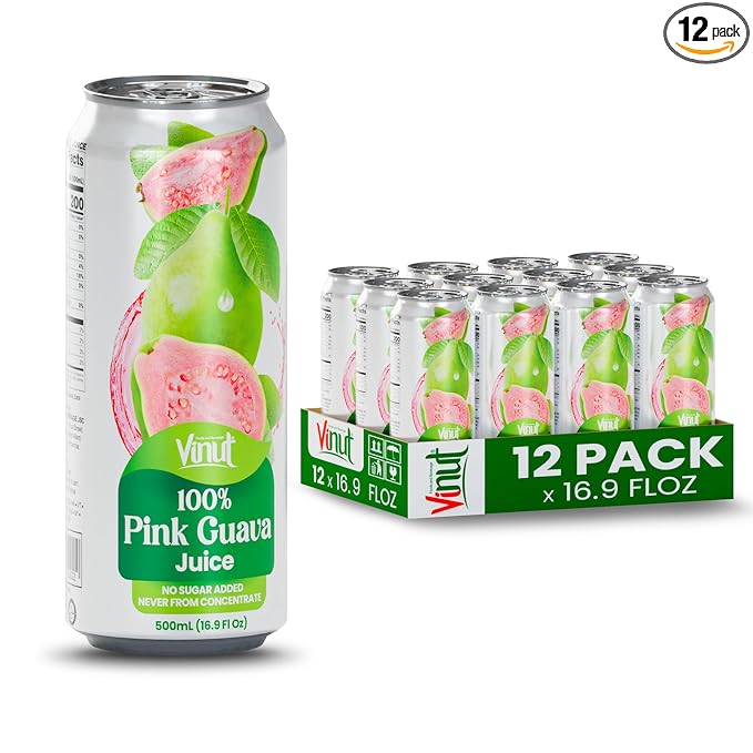 VINUT 100% Pink Guava Juice No Added Sugar Not From Concentrate 16.9 fl oz (500 mL) Can Pack of 12