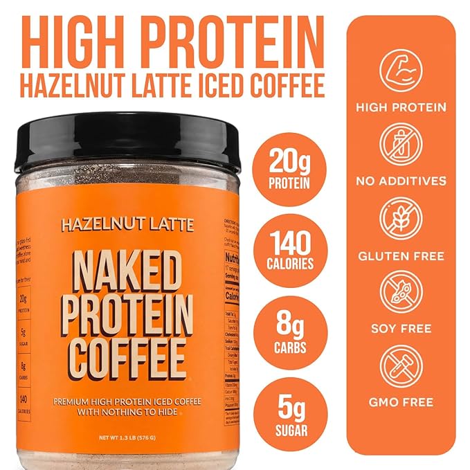 NAKED Hazelnut Latte Protein Coffee - Premium Colombian Iced Coffee Protein Shake Drink Delicious Keto Friendly and Gluten Free 17 Servings