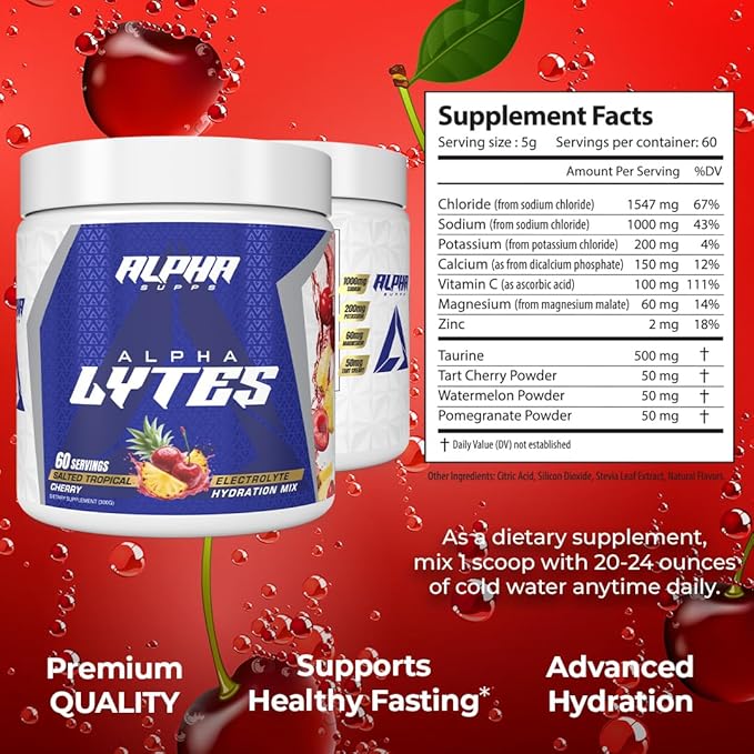 Alpha Lytes - Electrolyte Powder Daily Hydration Drink Mix - Sugar-Free Zero Calorie Instant Formula with Trace Minerals and Antioxidants (60 Servings Salted Tropical Cherry)