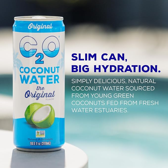 C2O - Coconut Water The Original Flavor (15 Pack) - Made with Fresh Coconut Water - Plant Based - Non GMO - Canned Water - Natural Hydration Electrolytes &amp Potassium - 15 Cans 10.5 FL OZ
