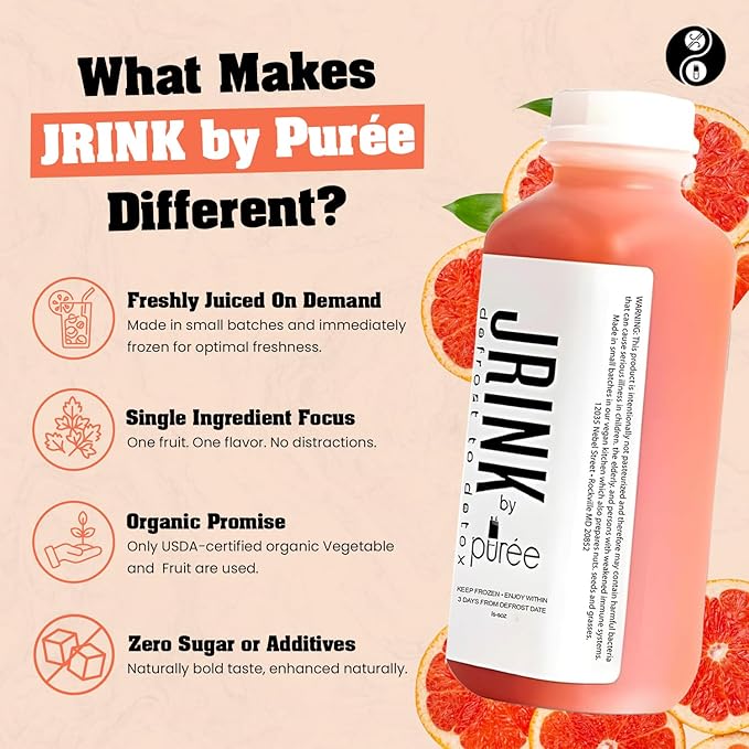 JRINK by Purée Organic Grapefruit Juice Cold Pressed Raw Fruit Cleanse Healthy Detox with No Preservatives Organic Juice Cleanse in HDPE Bottles Grape Citrus Beverage 16oz Pack of 24