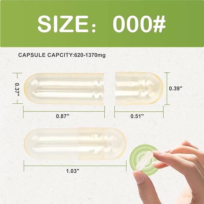 Size 000 Empty Vegetarian Capsules (1000 Count) Vegan Clear Fillable Veggie Pill Capsules for DIY Supplement Filling