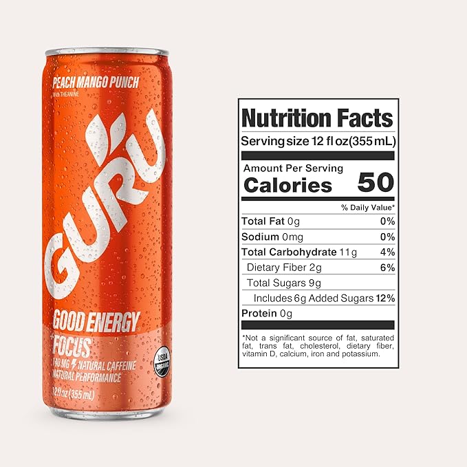 GURU Peach Mango Punch Organic Energy Drinks Clean Energy Drink with Plant Based Natural Caffeine from Green Tea + Focus with L Theanine Gluten Free and Vegan 140MG Caffeine 12oz (Pack of 24)