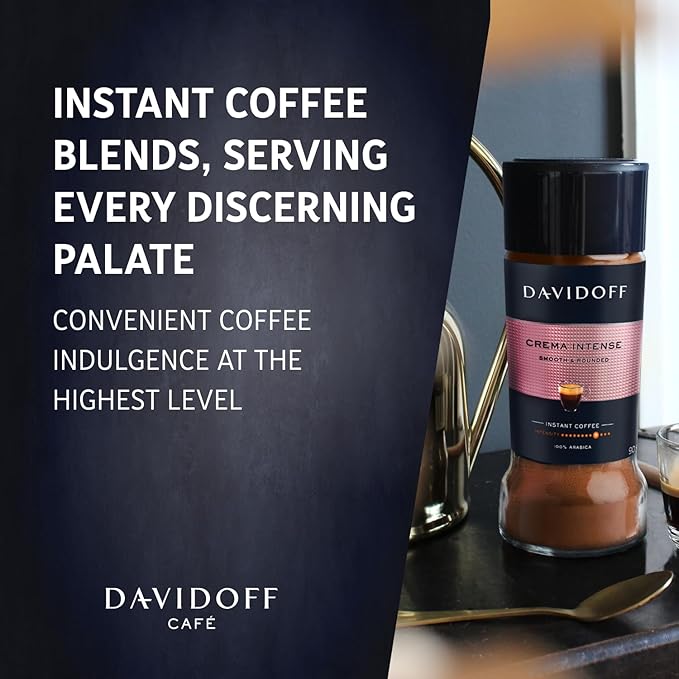 DAVIDOFF Crema Intense Instant Coffee - Smooth and Rounded - Full-body. Delicate Aroma and Elegant Acidity - 100% Arabica Beans - 9/12 Intensity. 10/12 Roasting. 4/12 Acidity - 2 x 3.17 oz