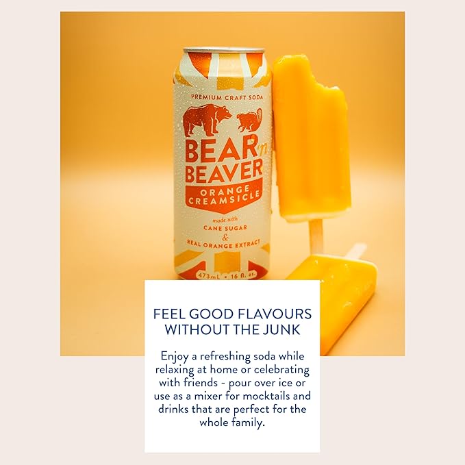 Bear 'n Beaver Premium Orange Creamsicle Craft Soda Soft Drinks - 100% Cane Sugar &amp Orange Extract - Vegan &amp Gluten-Free Bold Caffeine Free Flavor for Mocktails Floats Mixing - 12 Pack of 16