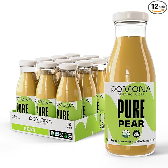 Pomona Organic Pear Juice Cold Pressed USDA Organic Juices Pears And Lemon Juice No Added Sugar Not From Concentrate Vegan Kosher Non GMO Pasteurized 8.4 Oz Glass Bottles