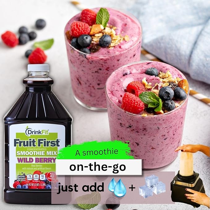 DrinkFit Fruit Smoothie | Real Fruit Puree Low Sugar Gluten:Free &amp Non:GMO Wildberry Smoothie : Makes 32 Smoothies 64 Fl Oz with Dispensing Pump (Wildberry)
